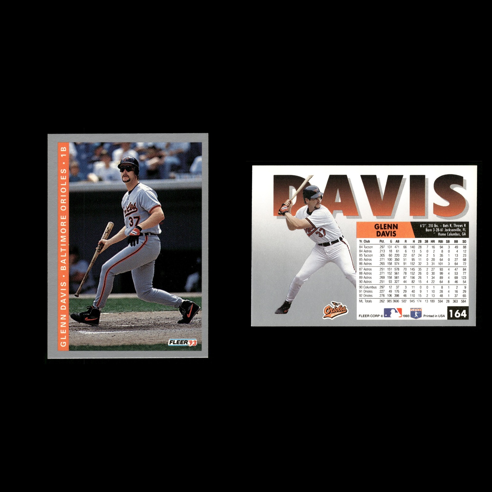 Glenn Davis #164 1993 Fleer Baltimore Orioles Baseball Card MLB 1993 Fleer 164 Glenn Davis Baseball trading card front and back