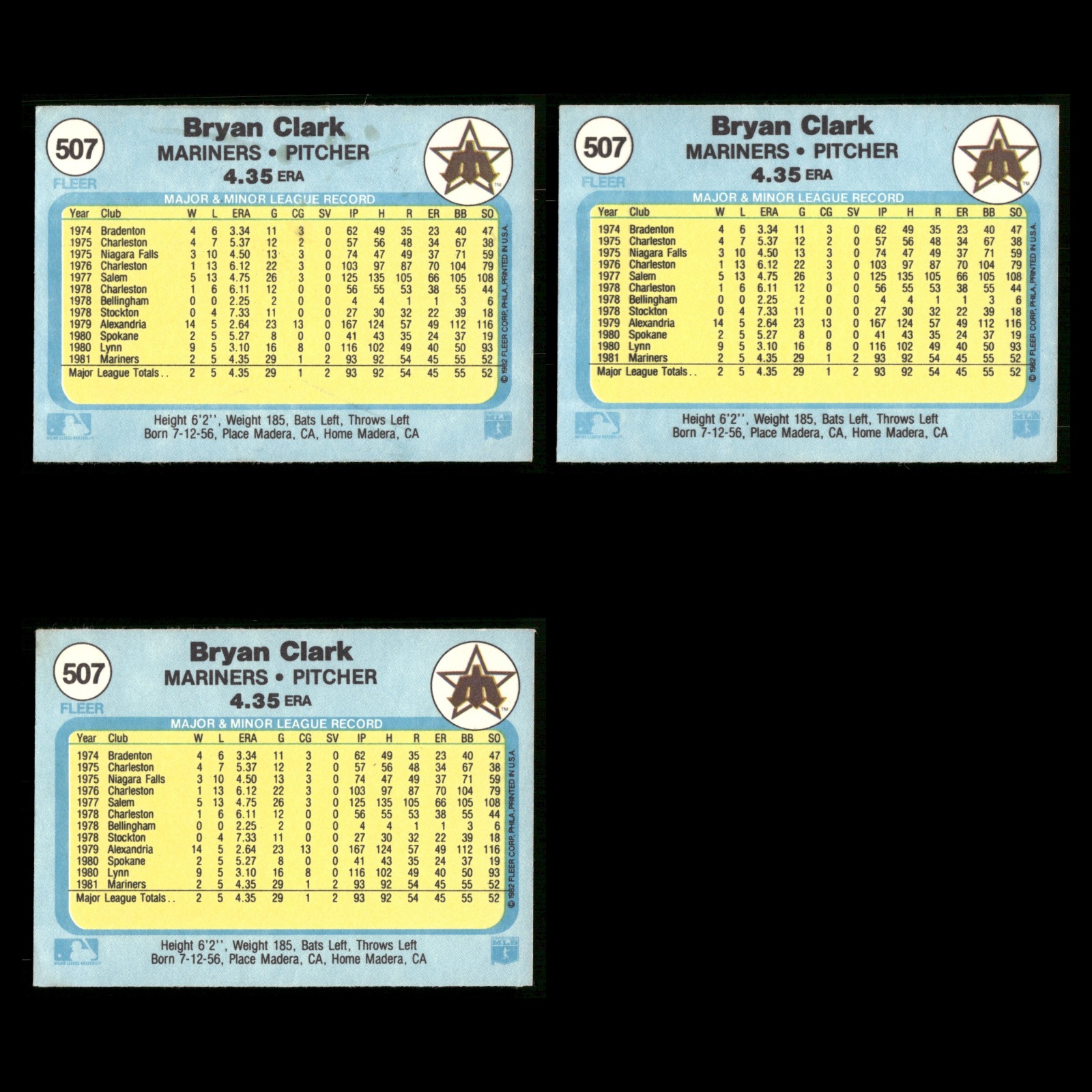 Bryan Clark Rookie Lot 3 Baseball Cards 1982 Fleer Seattle Mariners Set MLB VG trading card lot back image
